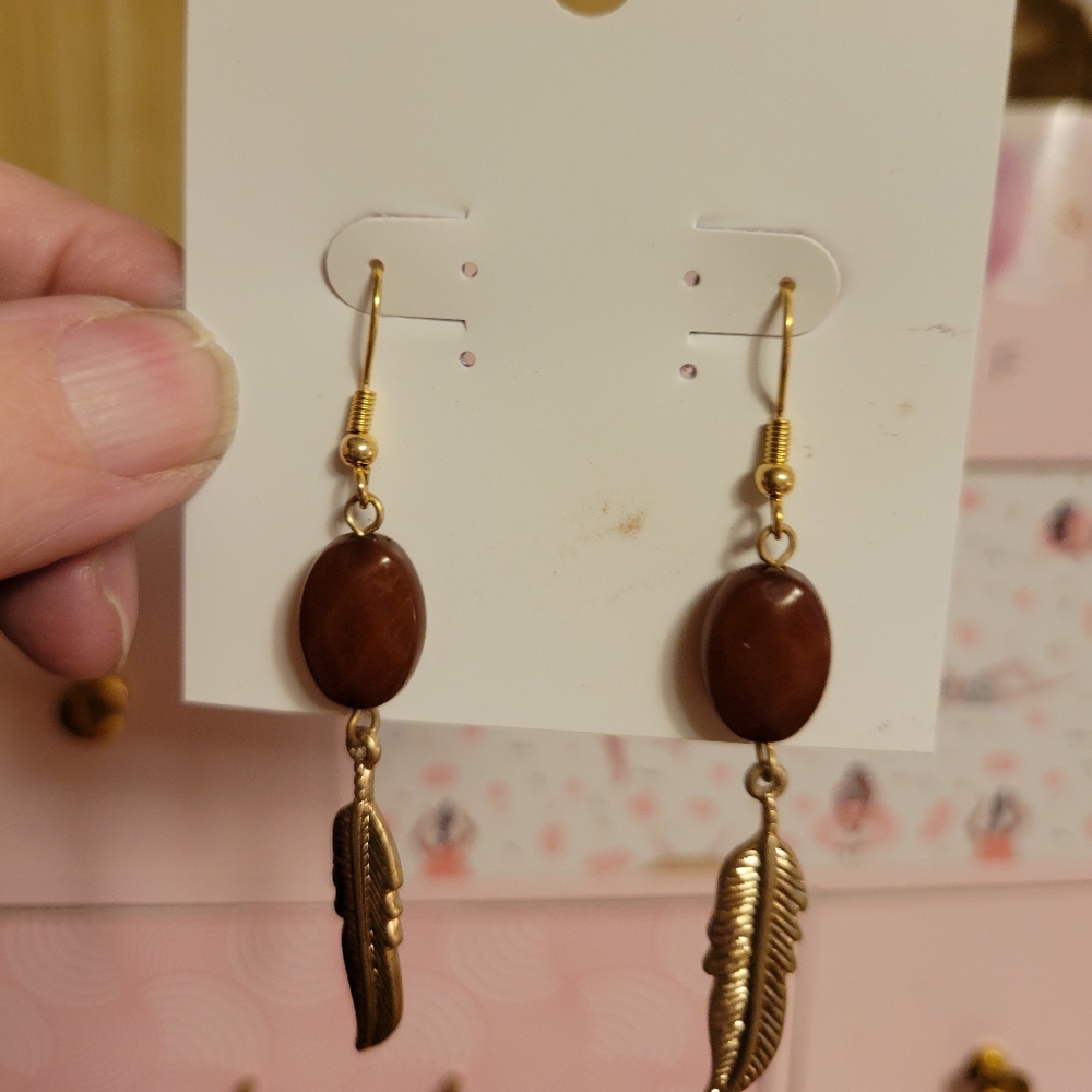 Long Earrings with brown bead and gold leaf